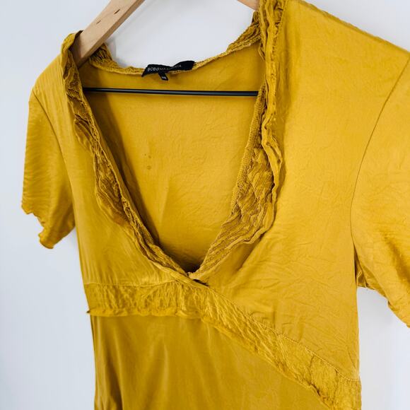 Y2K BCBGMaxAzria Silk Stretch Fitted Tee Mustard Yellow Jersey Top Size XXS - Picture 4 of 8